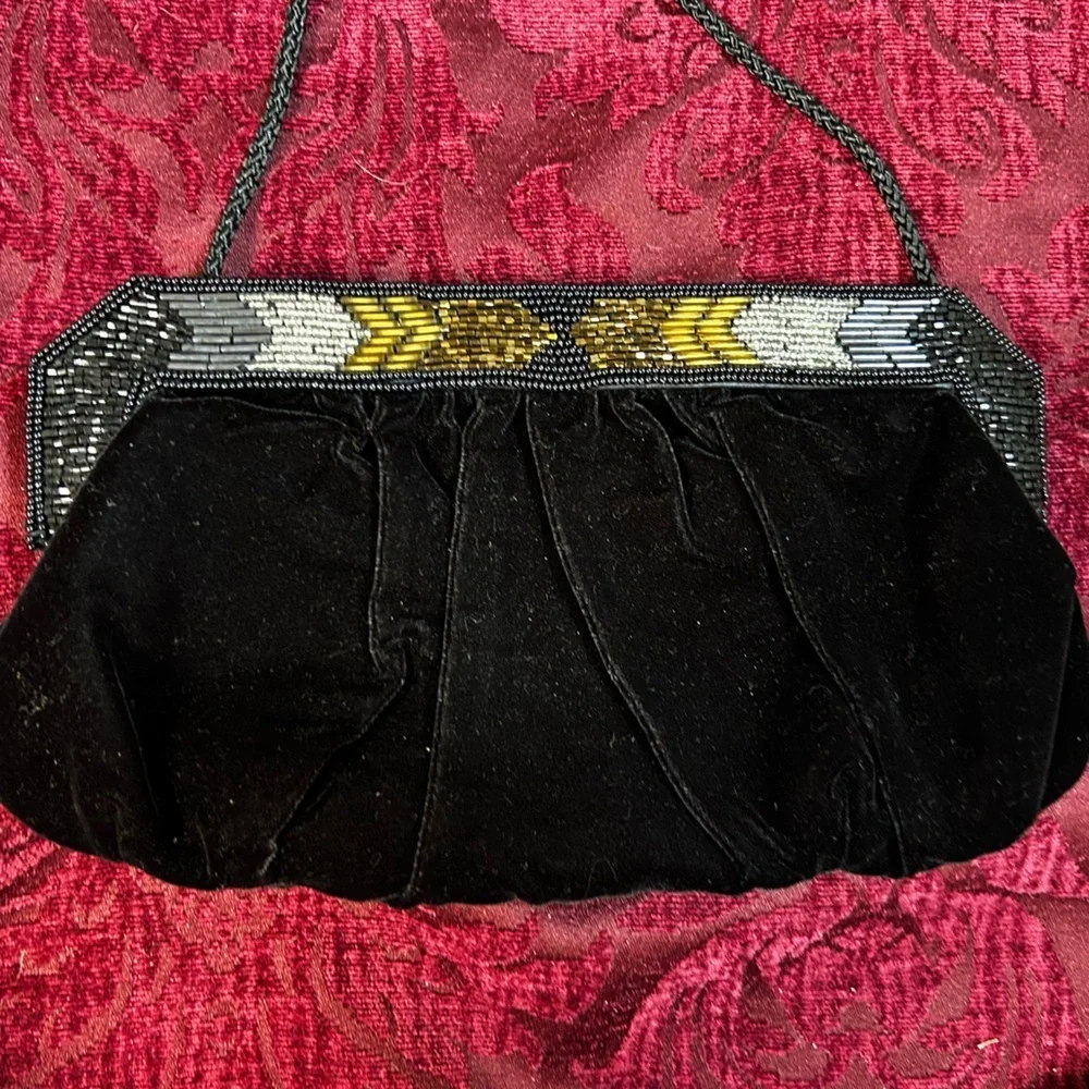 Black Velvet Beaded Evening Bag with Chain Strap